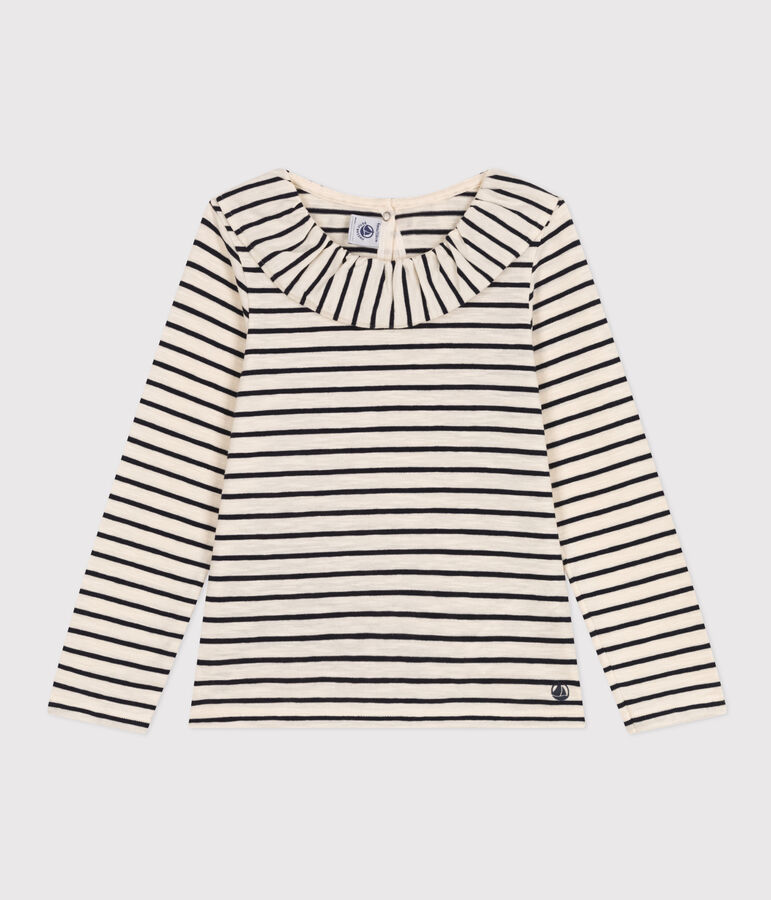 Girls' Long-sleeved Slub Jersey T-shirt Ecru/blue