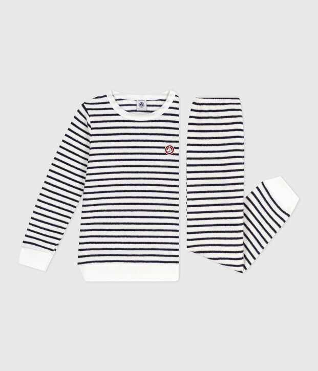 Children's stripy cotton terry pyjamas blue/blue