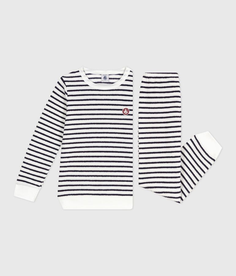 Children's stripy cotton terry pyjamas Ecru/blue