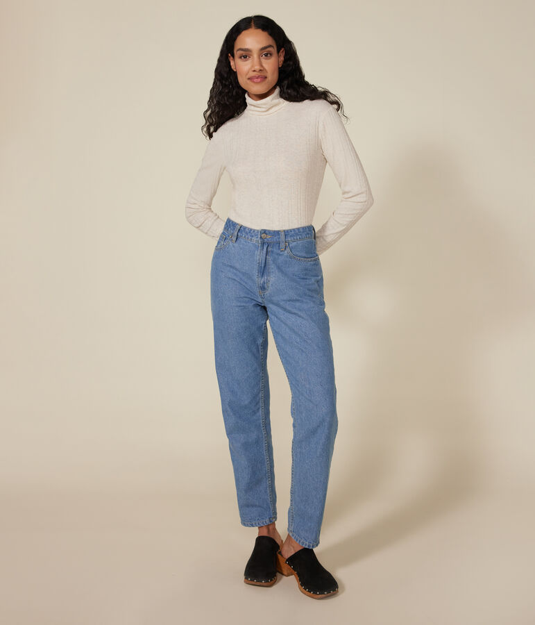 Women's iconic roll neck T-shirt in decorative rib knit beige