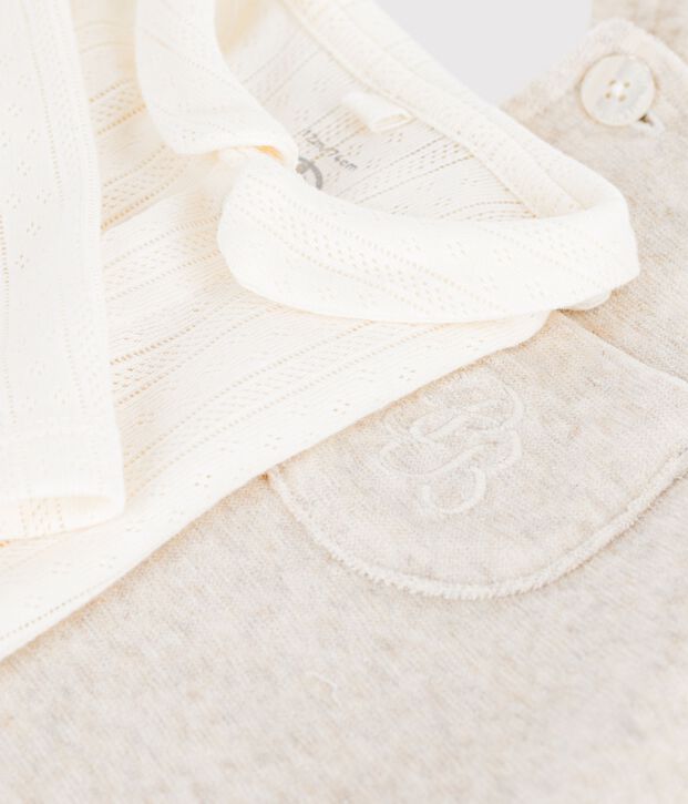 Babies' plain dungarees and body set in cotton with a collar Ecru/ecru