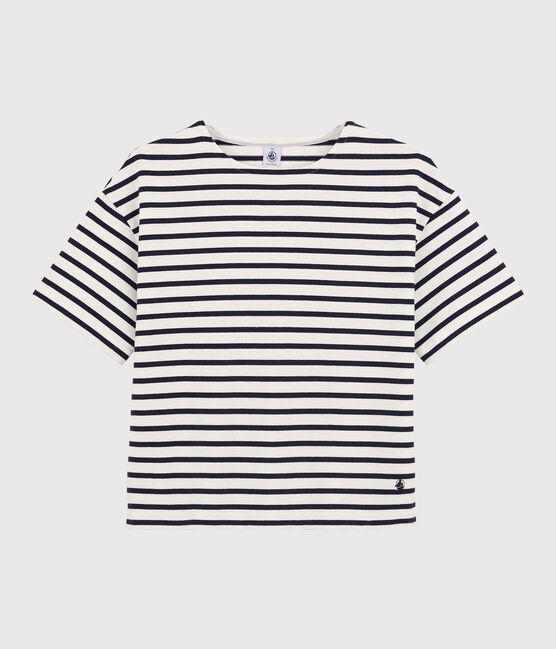 Women's Short-Sleeved Cotton Breton Top MARSHMALLOW white/SMOKING blue