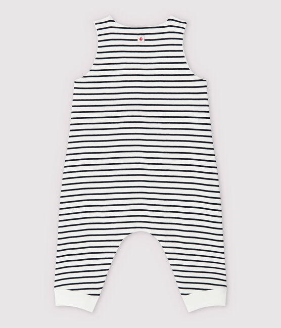 Babies' Stripy Organic Cotton Long Dungarees MARSHMALLOW white/SMOKING blue