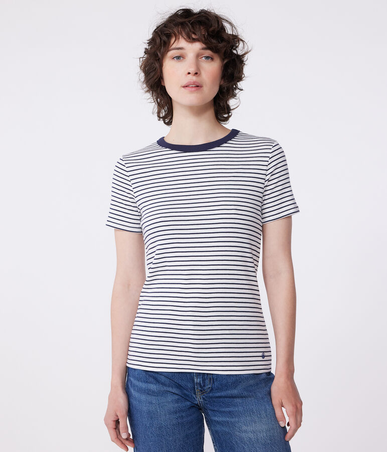 The iconic short-sleeved stripy rib knit T-shirt for women MARSHMALLOW white/SMOKING blue