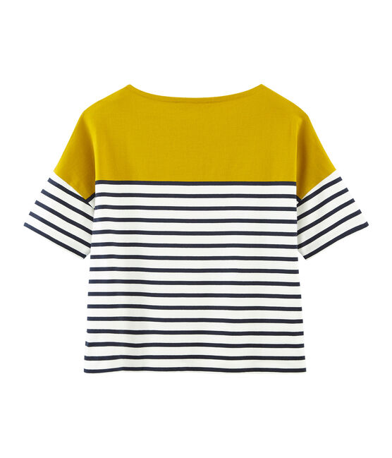 Women's short-sleeved stripy breton top BAMBOO yellow/MARSHMALLOW white/SMOKING