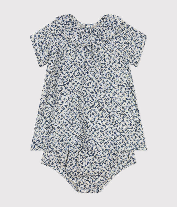 Babies' Cotton Gauze Short-Sleeved Dress and Bloomers Ecru/blue
