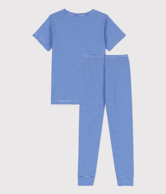 Children's Unisex Stripy Short-Sleeved Cotton Pyjamas PERSE blue/MARSHMALLOW white