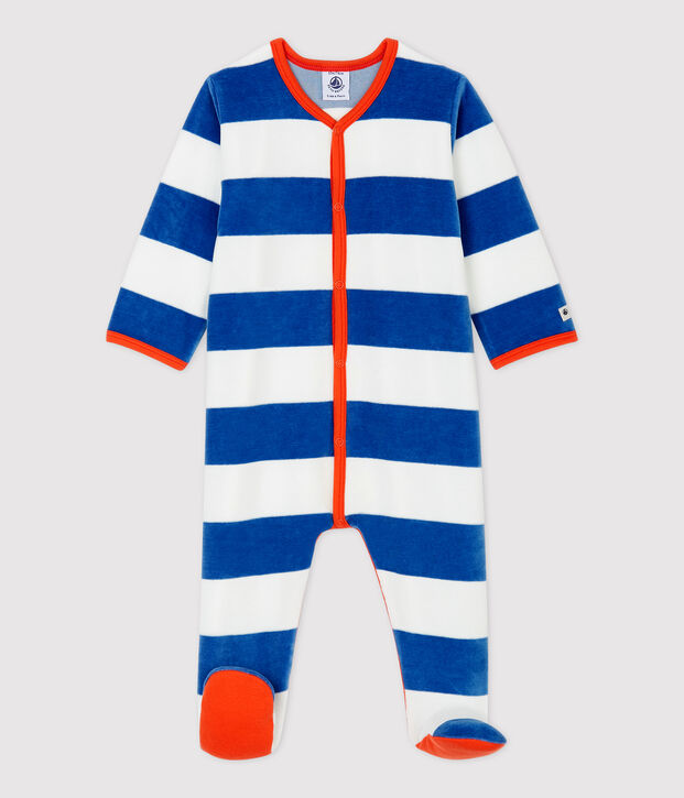 Babies' Blue Striped Velour Sleepsuit blue/beige