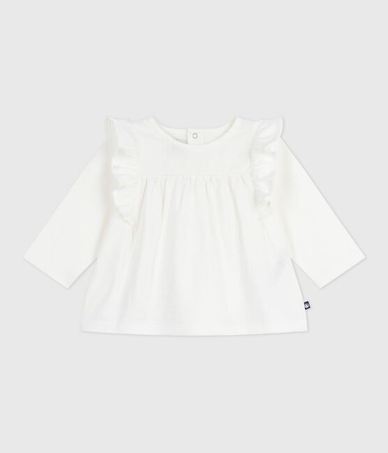 Babies' long-sleeved plain cotton blouse MARSHMALLOW white