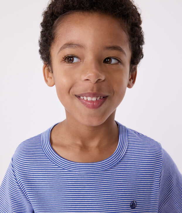 Children's short stripy cotton pyjamas blue/white