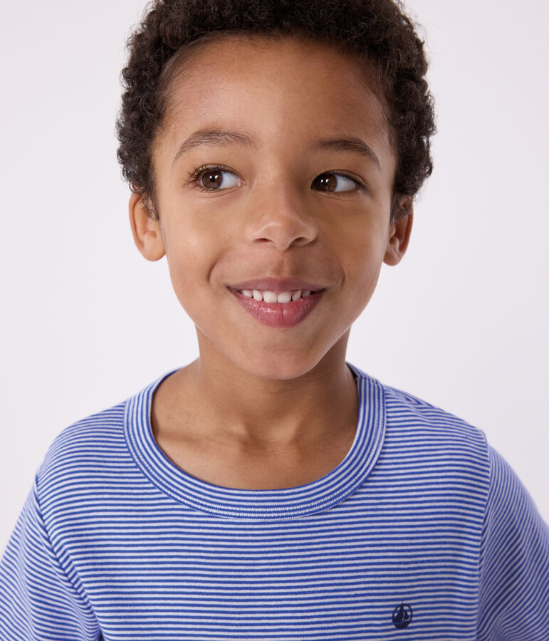 Children's short stripy cotton pyjamas blue/white