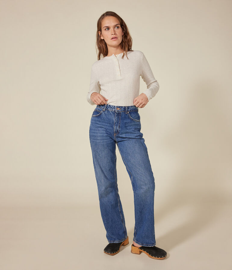 Women's plain drop needle rib knit t-shirt with long sleeves and a grandad neckline beige