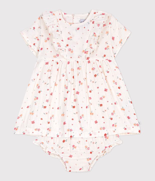 Sleeveless baby dress in printed cotton white/multicolor