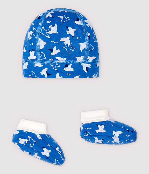 Newborn Babies' Blue Organic Cotton Tube Knit Bonnet and Bootees Set multicolor