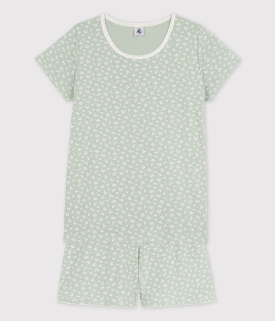 Girls' Cotton Short Pyjamas with Floral Pattern HERBIER green/MARSHMALLOW