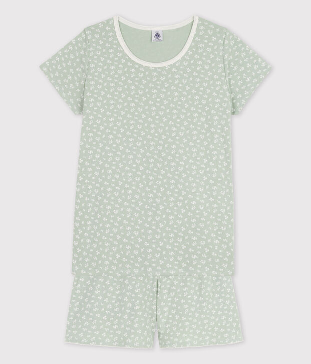 Girls' Cotton Short Pyjamas with Floral Pattern green/white