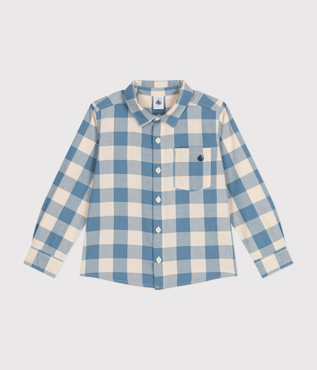 Little boys' flannel shirt blue/ecru