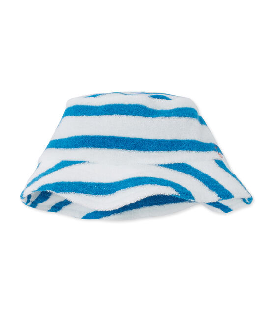 Baby boys' bucket hat in striped terry cloth bouclette LAIT white/MYKONOS blue