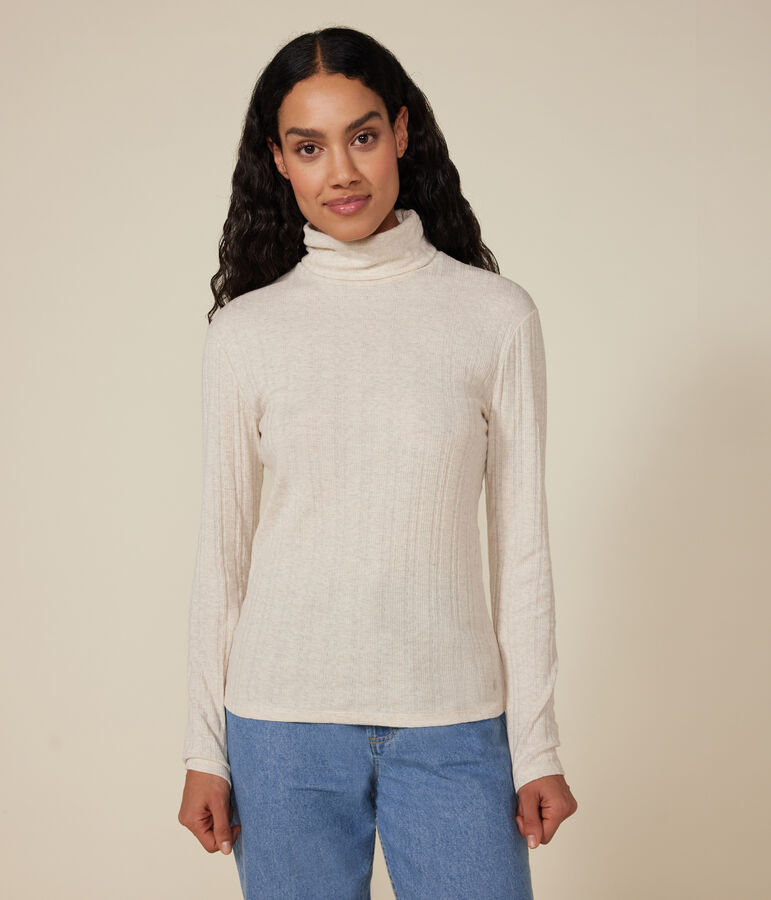 Women's iconic roll neck T-shirt in decorative rib knit beige