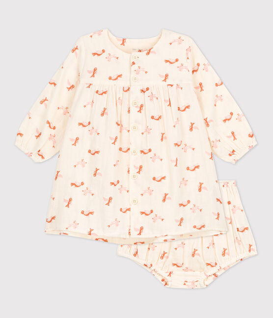 Babies' Bird Patterned Cotton Gauze Dress With Bloomers AVALANCHE white/MULTICO