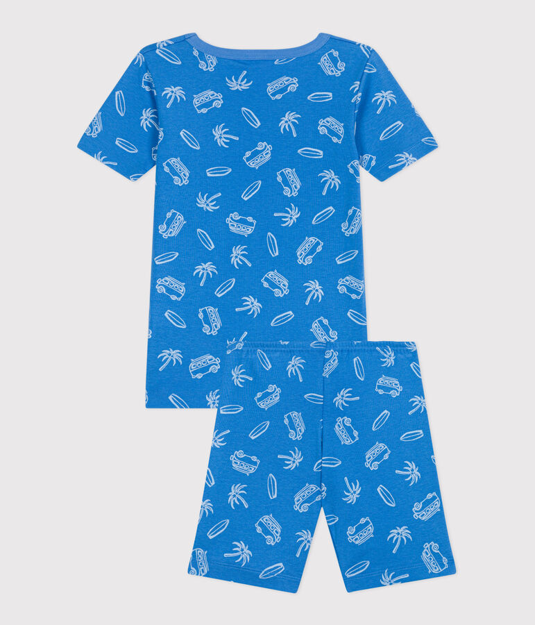 Children's short snug-fitting pyjamas in cotton with a van print BRASIER blue/MARSHMALLOW grey