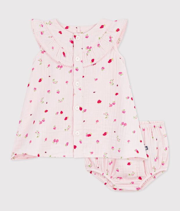 Babies' cotton baby dress with bloomers, printed with flowers pink/multicolor