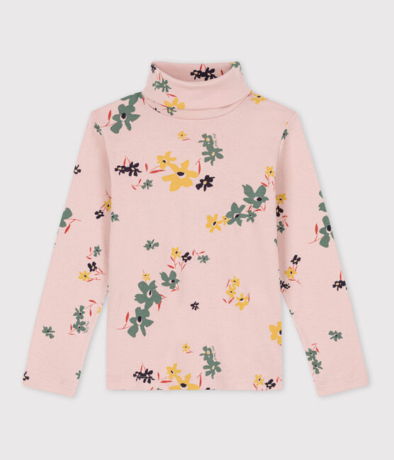 Girls' Floral Print Cotton Polo Neck SALINE pink/MULTICO white