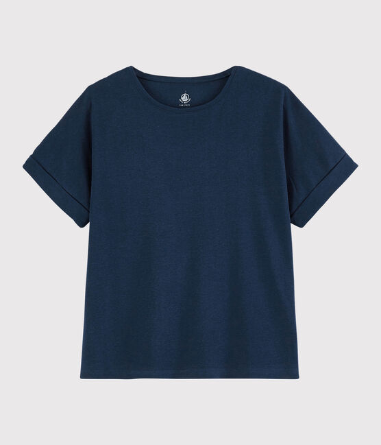 Women's Plain Linen and Cotton Blend T-Shirt MEDIEVAL blue