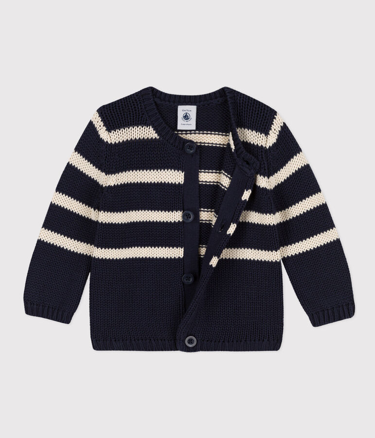 Babies' Stripy Knitted Cotton Cardigan blue/ecru
