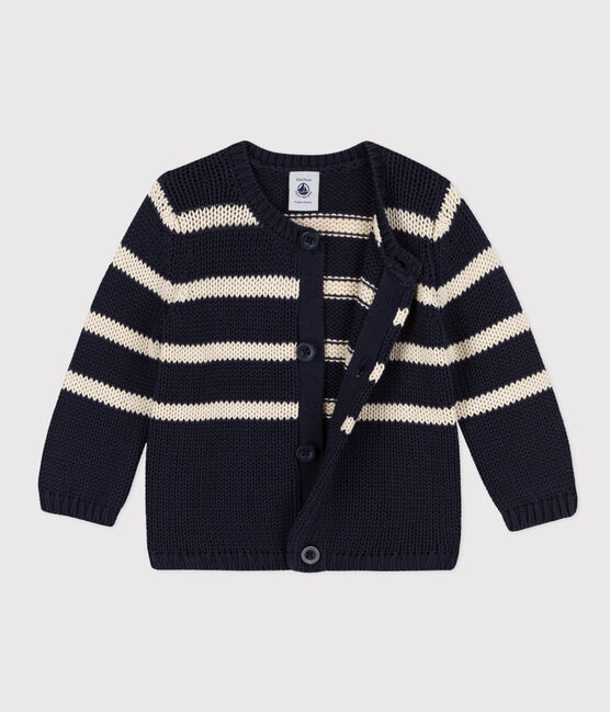 Babies' Stripy Knitted Cotton Cardigan SMOKING blue/AVALANCHE
