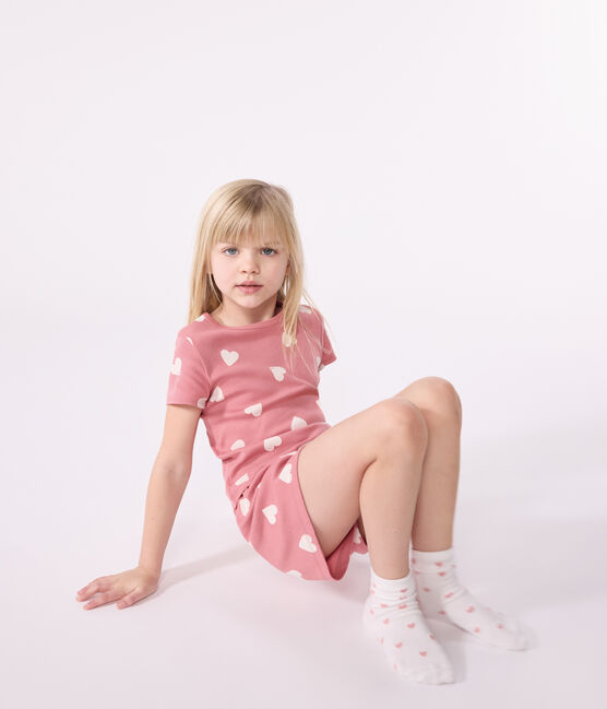 Children's short heart-pattern cotton pyjamas ROSEWOOD pink/MARSHMALLOW