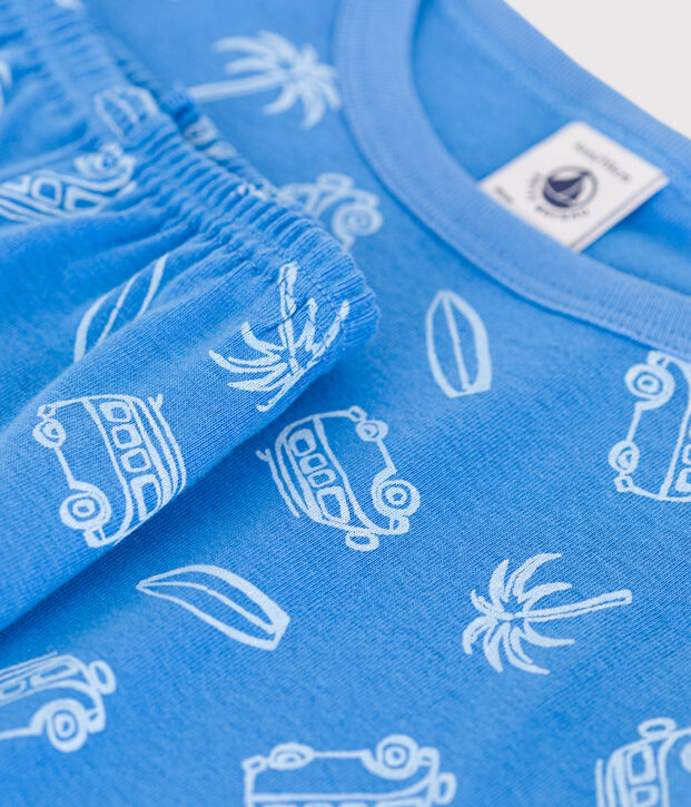 Children's short snug-fitting pyjamas in cotton with a van print blue/white