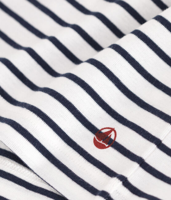 Children's short-sleeved stripy cotton T-shirt MARSHMALLOW white/SMOKING blue