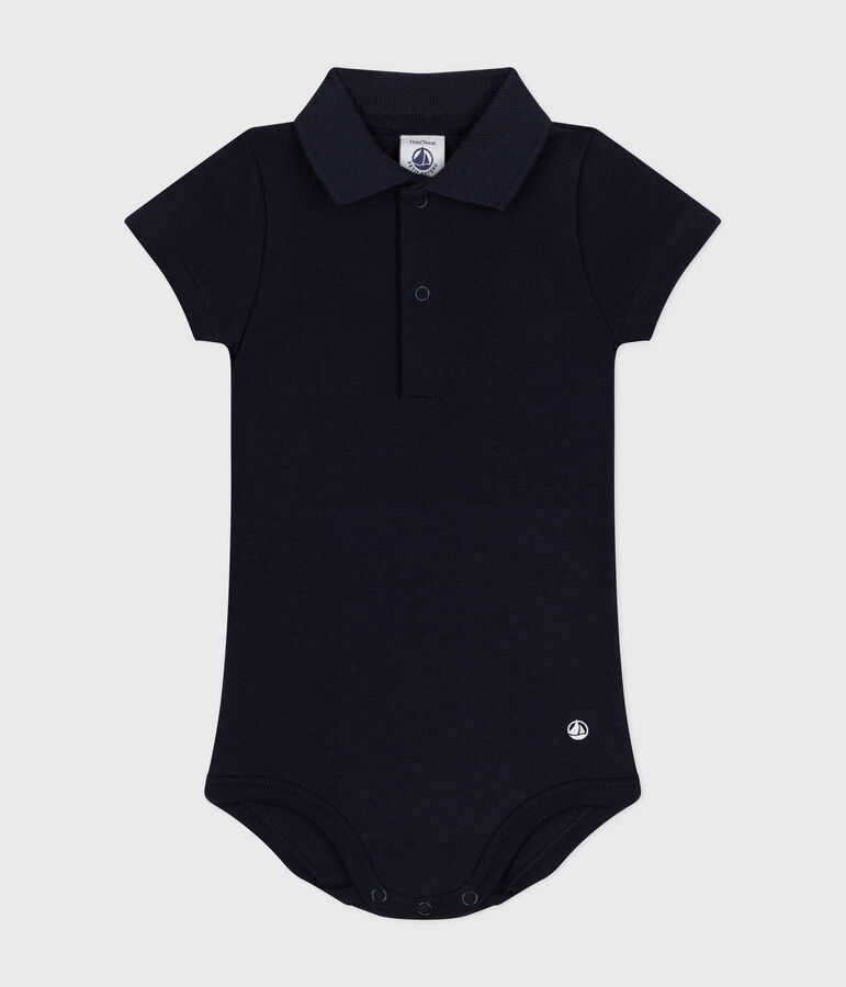 Babies' Short-Sleeved Cotton Bodysuit with Polo Shirt Collar blue