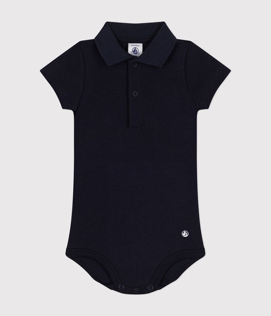 Babies' Short-Sleeved Cotton Bodysuit with Polo Shirt Collar SMOKING blue