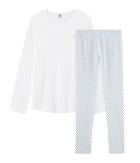Girls' Ribbed Pyjamas MARSHMALLOW white/CONTES blue