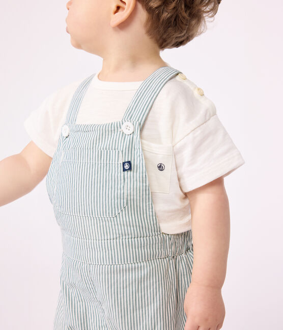Babies' short-legged stripy cotton dungarees MARSHMALLOW white/BRUT blue