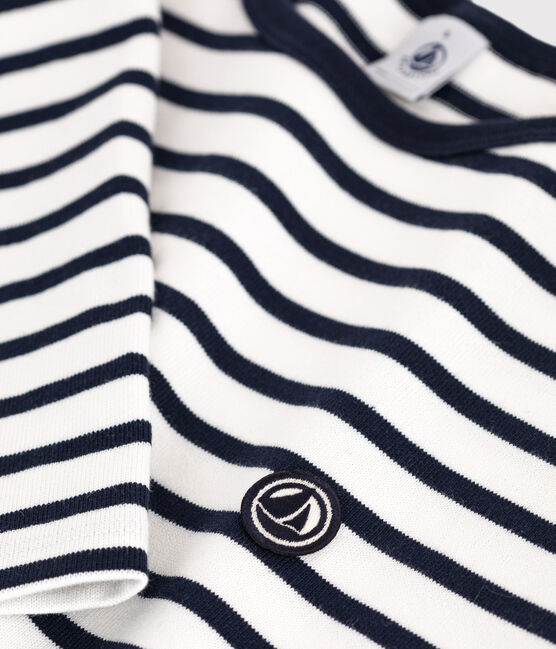 Women's long-sleeved cotton Breton top MARSHMALLOW white/SMOKING blue