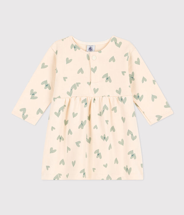 Babies' Long-Sleeved Fleece Dress Ecru/green