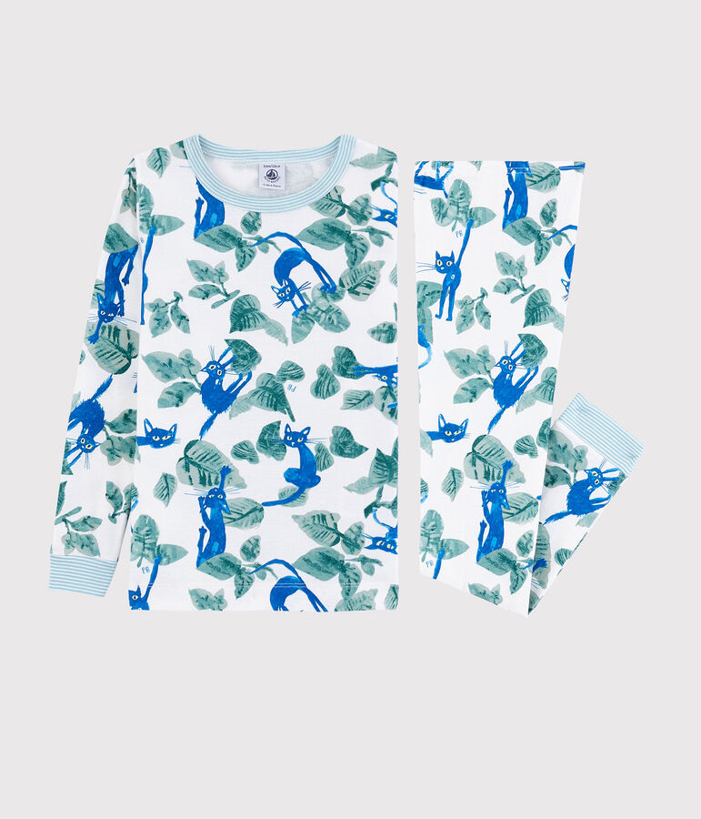 Boys' Snugfit Cat Print Cotton Pyjamas MARSHMALLOW white/MULTICO white
