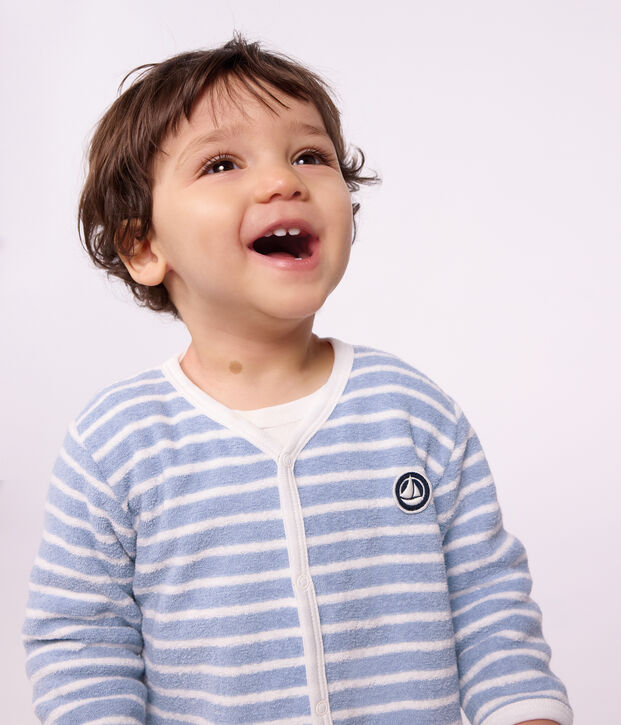 Babies' footless stripy cotton terry pyjama suit blue/ecru