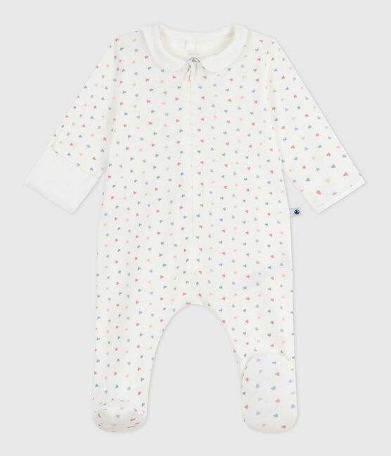 Babies' heart-print cotton pyjama suit with a collar MARSHMALLOW white/MULTICO white