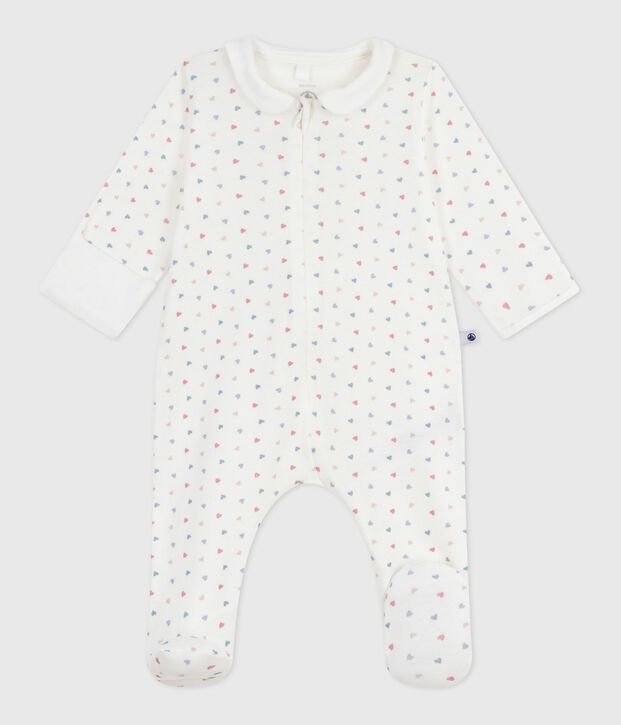 Babies' heart-print cotton pyjama suit with a collar white/multicolor