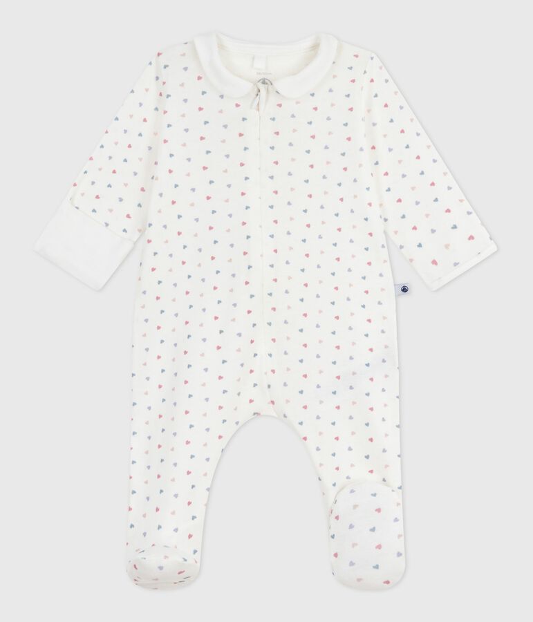 Babies' heart-print cotton pyjama suit with a collar white/multicolor