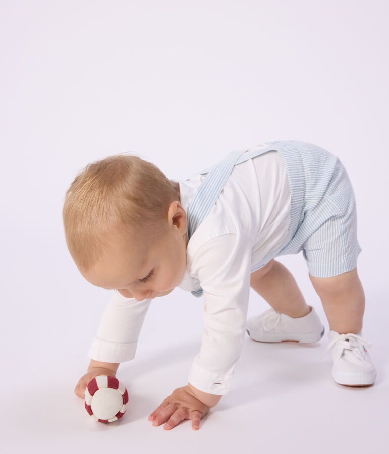 Babies' short-legged stripy cotton dungarees MARSHMALLOW blue/FLO