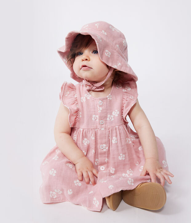 Babies' floral print cotton gauze dress and bloomers pink/white