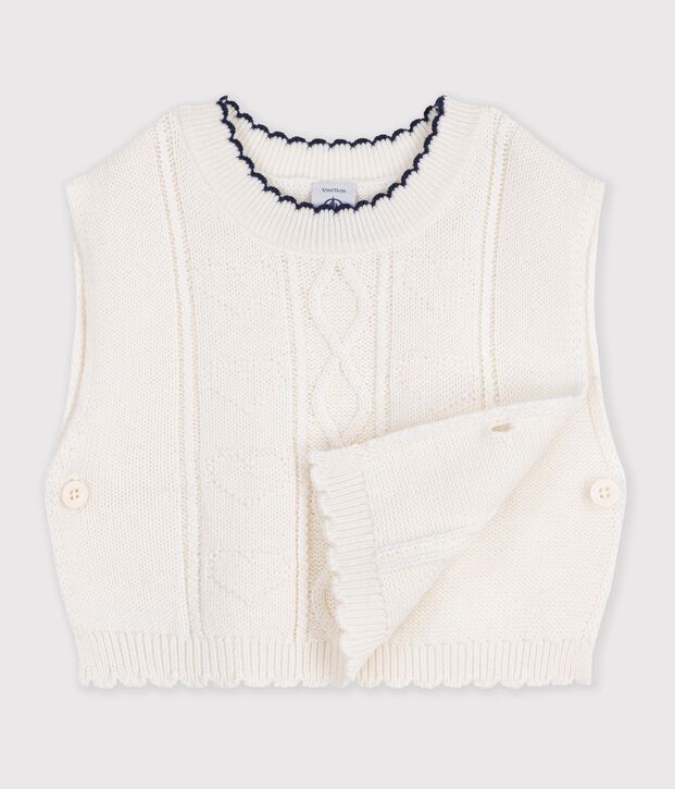 Babies' sleeveless wool and cotton knit jumper. white