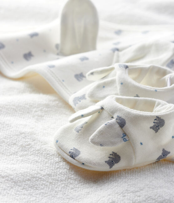 Babies' Square Bath Towel and Bootees Set in Terry and Organic Cotton MARSHMALLOW white/GRIS grey/MULTICO