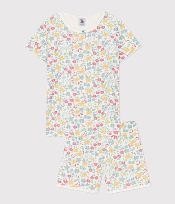 Girls' Floral Cotton Short Pyjamas MARSHMALLOW white/MULTICO white