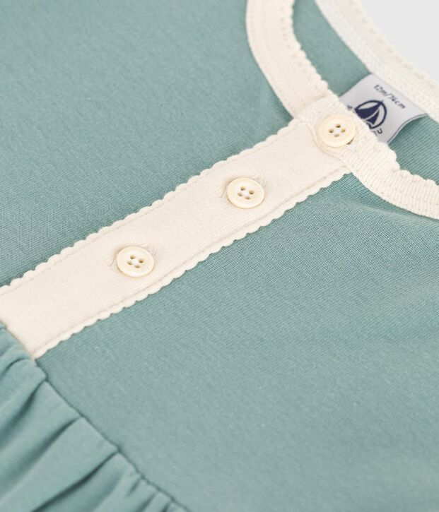 Babies' short-sleeved plain cotton dress with contrasting details green